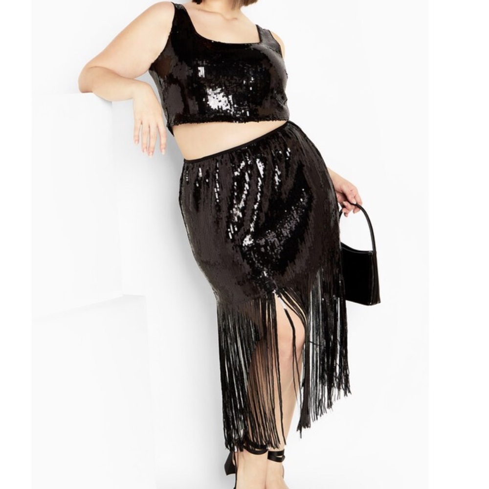 NEW| Women’s City Chic Black Sequins Fringe Plus Size Savanna Skirt